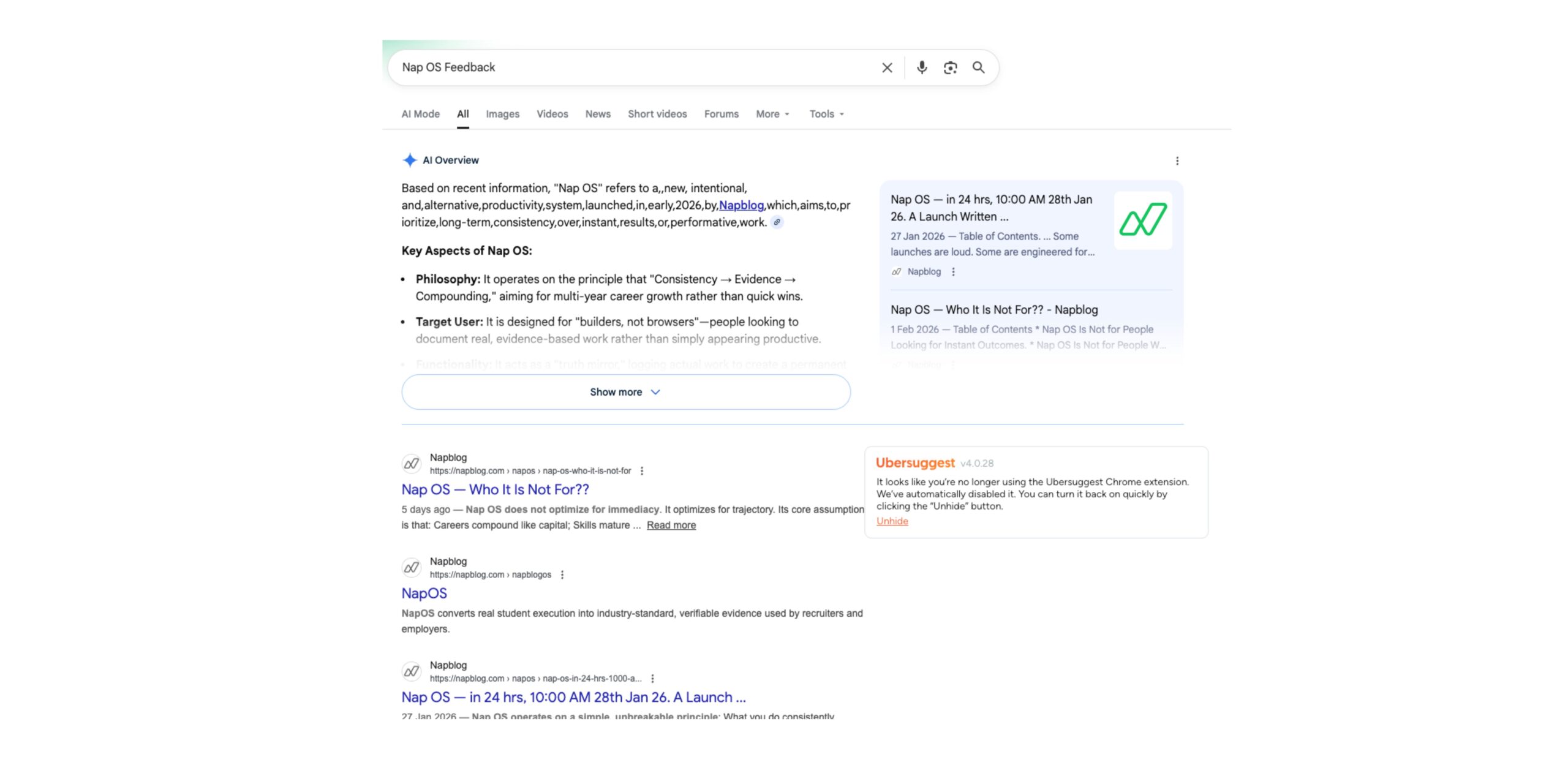 As Nap OS begins to appear in Google Organic Search