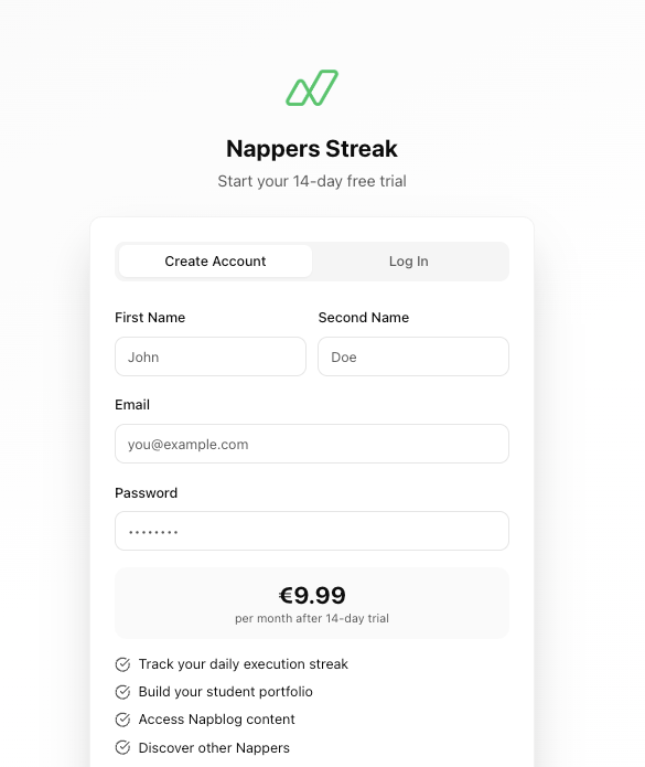 Nappers Streak Login/Signup Image