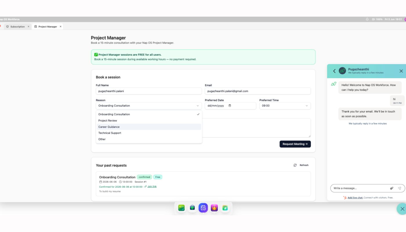 Nap OS gives Job Seekers symmetric learning work experience with Live 1-1 Project Manager Support.