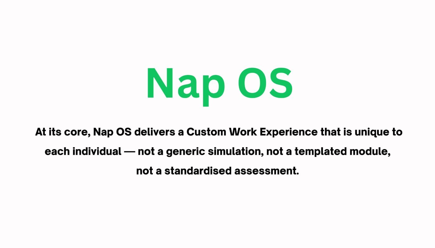 At its core, Nap OS delivers a Custom Work Experience that is unique to each individual — not a generic simulation, not a templated module, not a standardised assessment.
