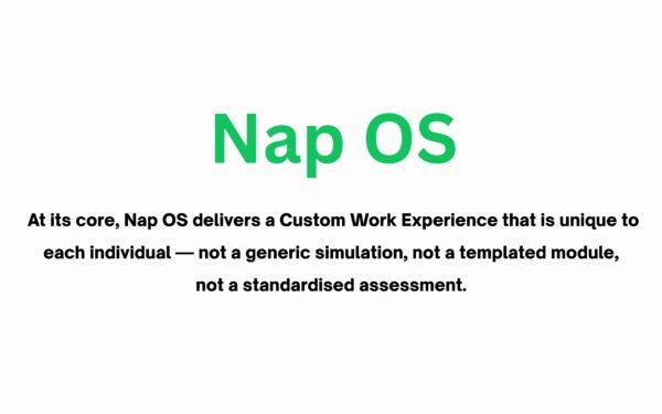 At its core, Nap OS delivers a Custom Work Experience that is unique to each individual — not a generic simulation, not a templated module, not a standardised assessment.