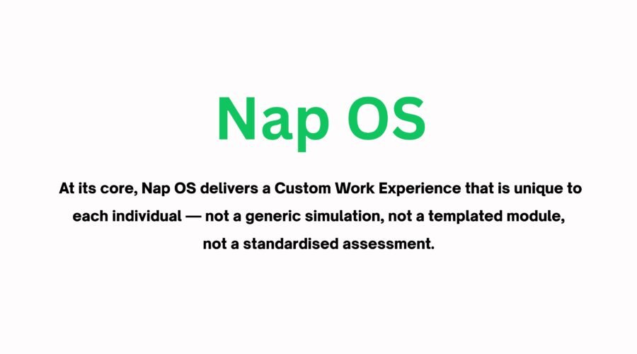 At its core, Nap OS delivers a Custom Work Experience that is unique to each individual — not a generic simulation, not a templated module, not a standardised assessment.