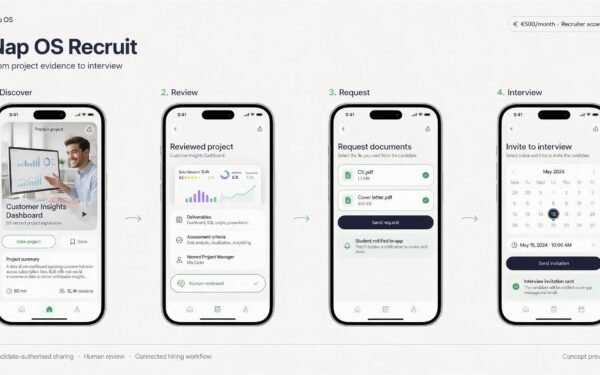 Nap OS Recruit: 60-second explanations and a connected path to interview international candidate reviewed by project manager and feedback to hire.